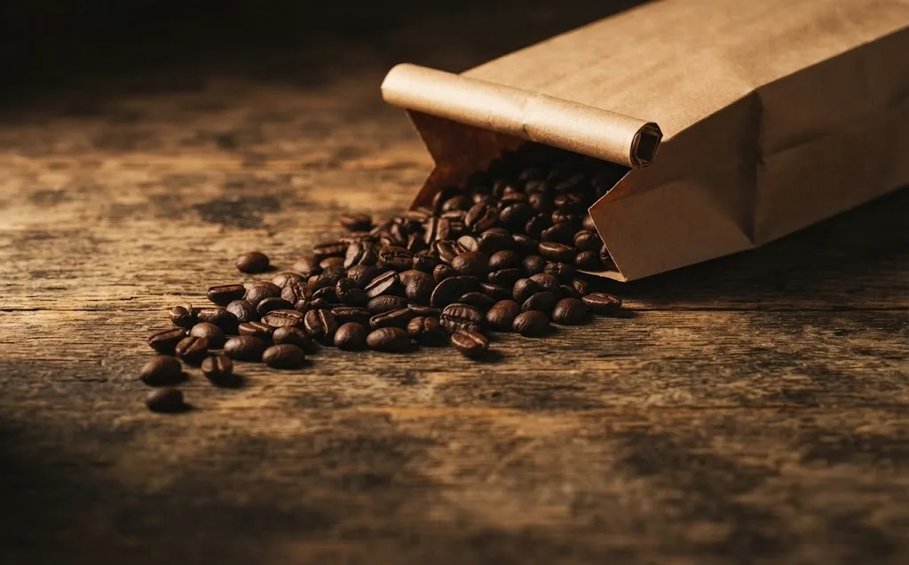 Dark roasted beans spilling from a tipped kraft paper bag across a worn wooden table