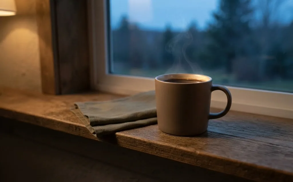 A plain stoneware mug of black coffee steaming on a wooden windowsill at dusk