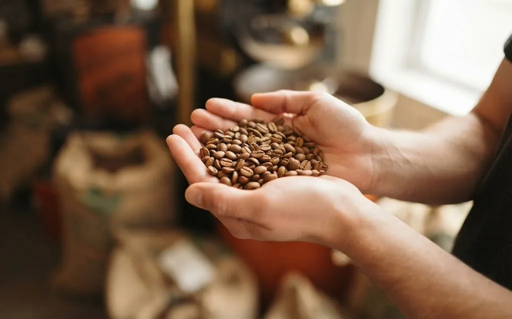 Cupped hands holding a heap of light-roast whole beans, held up to window light in the roastery