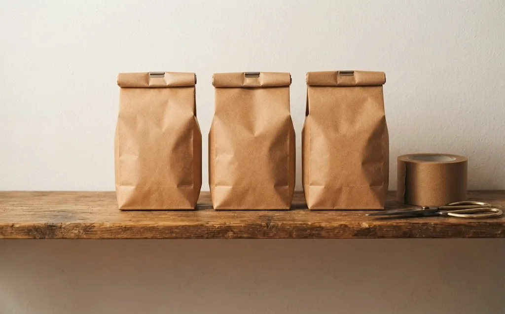 Three plain kraft coffee bags standing in a row on a wooden shelf beside paper tape and scissors