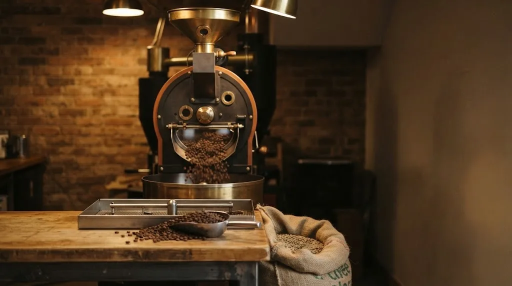 A cast-iron drum roaster in the Ironwood roastery, beans tumbling behind its sight glass, with a cooling tray and a burlap sack of green coffee on the work counter